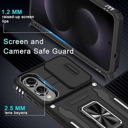 DEERLAMN Case for Samsung Galaxy S25 Edge with Slide Camera Cover+Screen Protector (1 Pack), Rotated Ring Kickstand Military Grade Shockproof Protective Cover-Black