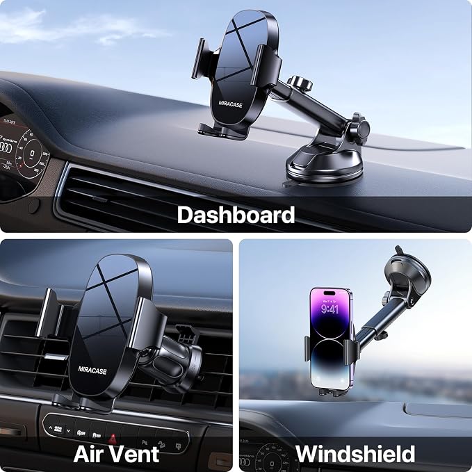 Miracase 3-in-1 Cell Phone Holders for Your Car, Universal Car Phone Holder Mount for Dashboard Air Vent Windshield Compatible with iPhone16 15 14 13 12 13 Pro Max Xs XR X, Galaxy Black