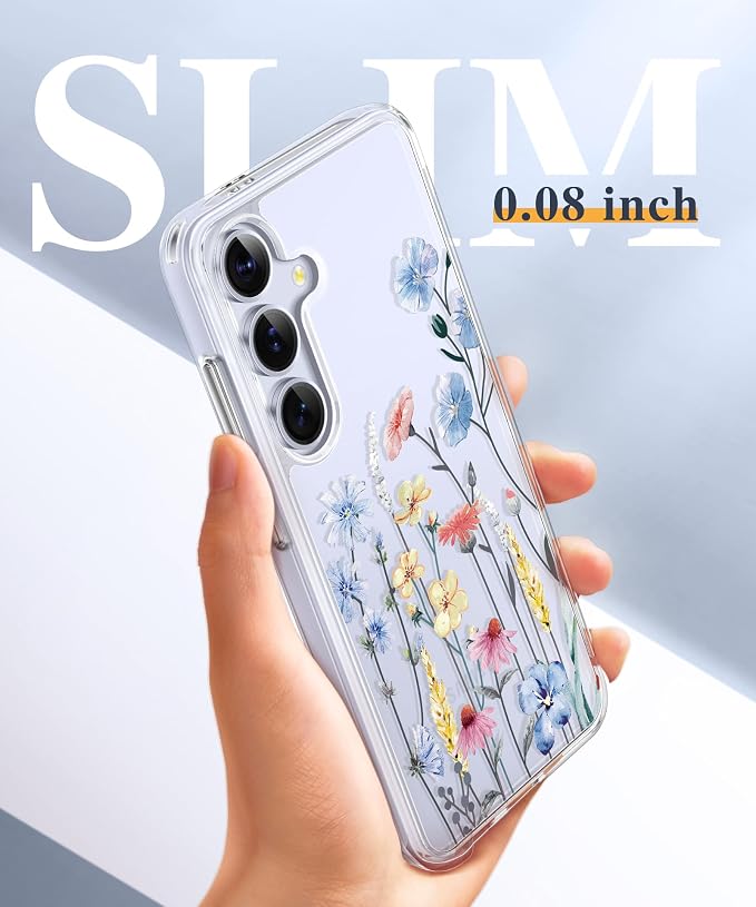 GVIEWIN for Samsung Galaxy S25 Plus Case, Clear Floral Slim Shockproof Protective Women Phone Case, Non-Yellowing, with Screen Protector & Camera Lens Protector for S25 Plus 6.7", Aconite/Light Blue | Non Yellowing, Clear, Floral, Hard