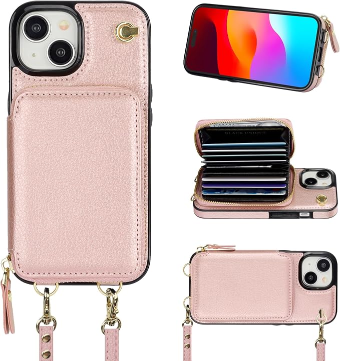 Bocasal Crossbody Wallet Case for iPhone 15, RFID Blocking Leather Purse Case with Card Holder, Protective Handbag Flip Cover with Zipper Wrist Strap Lanyard for Women 5G 6.1 Inch (Rose Gold)