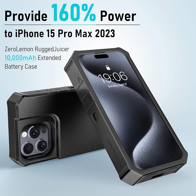 ZEROLEMON RuggedJuicer Battery Case for iPhone 15 Pro Max Black | 10000mAh, Battery Charger, 18W Fast Charging Power, Extended Battery Charger, with Rugged Cover