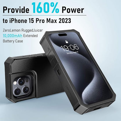 ZEROLEMON RuggedJuicer Battery Case for iPhone 15 Pro Max Black | 10000mAh, Battery Charger, 18W Fast Charging Power, Extended Battery Charger, with Rugged Cover