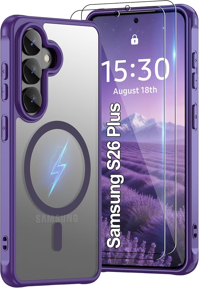 for Galaxy S26 Plus Phone Case: Samsung S26 Plus Phone Case with 2PC HD Screen Protector, Wireless Charging Samsung S26 Plus Case Matte Translucent Soft-Touch & Shockproof Funda para S 26 Plus,Purple