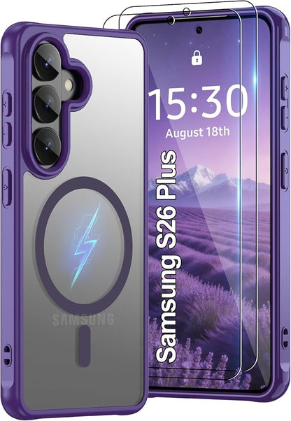 for Galaxy S26 Plus Phone Case: Samsung S26 Plus Phone Case with 2PC HD Screen Protector, Wireless Charging Samsung S26 Plus Case Matte Translucent Soft-Touch & Shockproof Funda para S 26 Plus,Purple