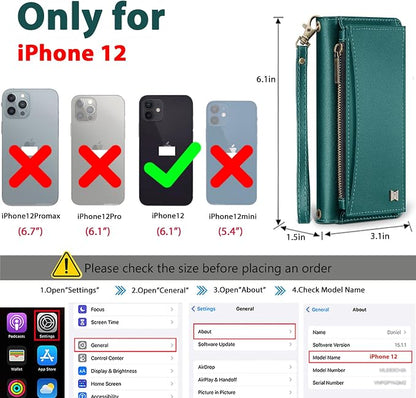 Wallet Case for iPhone 12/12 Pro with Card Holder/Crossbody Wallet/Strap| RFID Blocking | Magnetic | Kickstand | Detachable | PU Leather Phone Case for iPhone 12/12 Pro,6.1 in,Green