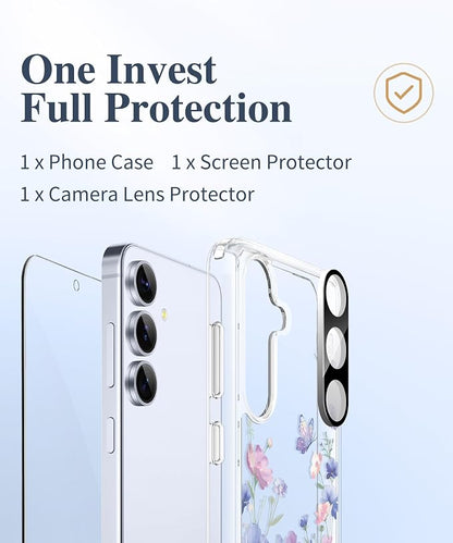 GVIEWIN for Samsung Galaxy S25 Plus Case, Clear Floral Slim Shockproof Protective Women Phone Case, Non-Yellowing, with Screen Protector & Camera Lens Protector for S25 Plus 6.7", Bloomwing/Blue