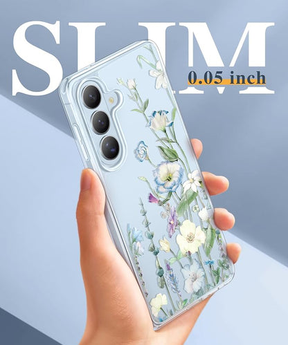 GVIEWIN for Samsung Galaxy S26 Plus Case, Clear Floral Slim Shockproof Protective Women Phone Case, Non-Yellowing, with Screen Protector&Camera Lens Protector for S26 Plus 6.7", Aquilegia/White