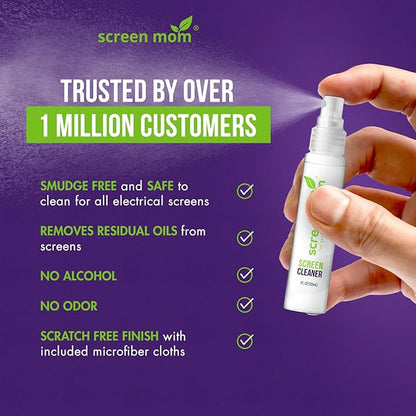 Screen Cleaner Spray and Microfiber Cloths 2-Pack (2x1oz) by Screen Mom-Screen Cleaner Spray and Wipe for TV, Computer, Phone, iPad, Car Screen Cleaning Kit Electronic Cleaner Spray