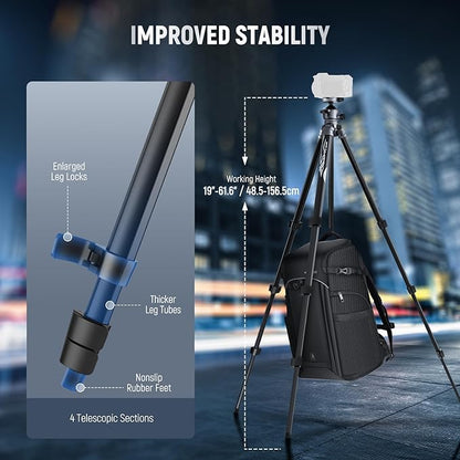 NEEWER LITETRIP LT07 61" Aluminum Travel Tripod for Camera w Pan Tilt Low Profile Ball Head, Arca QR Plate Compatible with PD Tripod Plate, Dual Center Axis, Phone Holder, Max Load 22lb