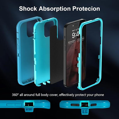 Sansunto for iPhone 16e Case, Protective Cover for 13, 14, 15, 16E 6.1", Heavy Duty Shockproof Drop Proof 3 in 1 Silicone Rubber Cover, Rugged Hybrid Durable Phone Cases for Men (Teal/Turquoise)