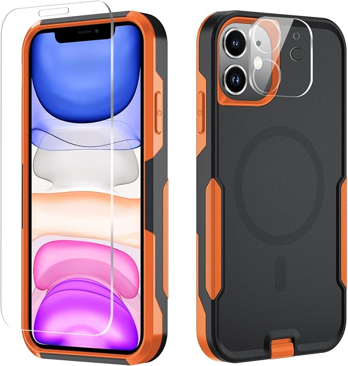 Xmon for iPhone 11 Magnetic Case [Compatible with MagSafe] Tempered Glass Screen Protector with Camera Lens Protector Phone Case Cover for Apple iPhone 11 (Magnetic Black/Orange)