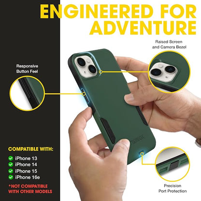 OtterBox iPhone 16e, 15, 14, & 13 Commuter Series Case - Slim & Tough, Pocket-Friendly, with Port Protection - Green/Black
