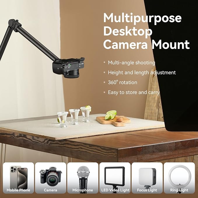 SMALLRIG Overhead Camera Mount, Camera Desk Mount Stand with Flexible Arm, 360° Rotatable Ball Head, DSLR Boom Arm Tabletop C Clamp for Photography Videography Live Stream - 4456