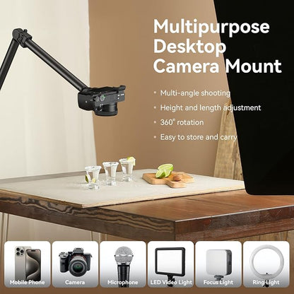 SMALLRIG Overhead Camera Mount, Camera Desk Mount Stand with Flexible Arm, 360° Rotatable Ball Head, DSLR Boom Arm Tabletop C Clamp for Photography Videography Live Stream - 4456