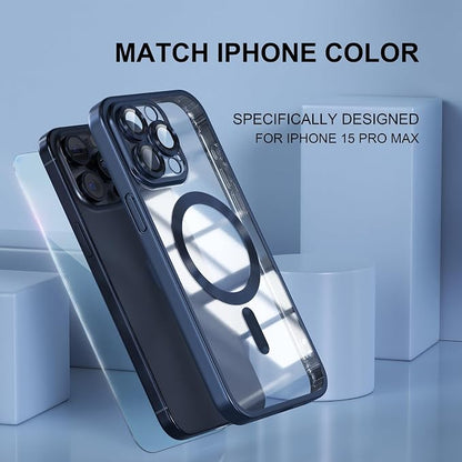 Misea Magnetic for iPhone 15 Pro Max Case [Never Yellowing] [Military Grade Drop Protection] Full Camera Lens Protector Soft Clear Phone Case for Women Girls, Titanium Blue