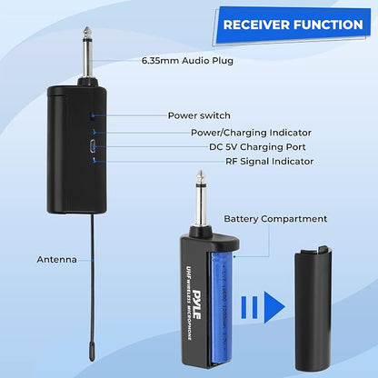 Pyle Dual UHF Microphone System - Portable Professional Cordless Microphone Set Wireless Mic Kit w/Headset / Lavalier Mic, Beltpack Transmitter, Receiver - Karaoke & Conference - Pyle PDWMU211,Black