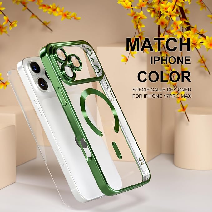 Misea Magnetic for iPhone 17 Pro Max Case Compatible with MagSafe [Never Yellowing] [Military Grade Drop Protection] Full Camera Lens Protector Plating Soft Clear Phone Case for Women, Green