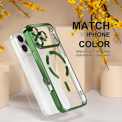 Misea Magnetic for iPhone 17 Pro Max Case Compatible with MagSafe [Never Yellowing] [Military Grade Drop Protection] Full Camera Lens Protector Plating Soft Clear Phone Case for Women, Green