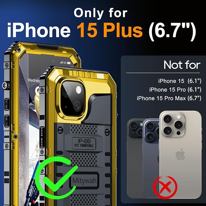 Mitywah Waterproof Case for iPhone 15 Plus, Heavy Duty Shockproof Case with Built-in Screen Protector, Full Body Underwater Protective Metal Case 6.1 inch, Yellow