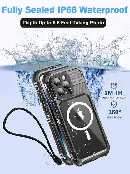 WIFORT for iPhone 14 Pro Waterproof Case - Metal Heavy Duty Full Body Protective Cover Built-in Screen Protector, IP68 Water Proof Military Grade Shockproof Rugged Drop Defender Phone case 6.1" Black