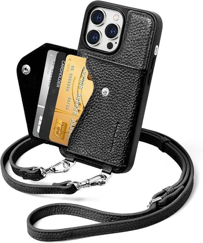 LUCKYCOIN for iPhone 14 Pro Crossbody Wallet Case – Genuine Leather Phone Purse with Adjustable Strap and Card Holder,Lanyard Phone Purse Case for Women,Pebble Grain Black