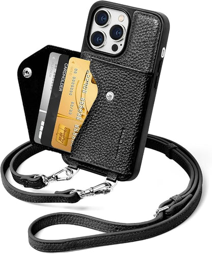 LUCKYCOIN for iPhone 14 Pro Crossbody Wallet Case – Genuine Leather Phone Purse with Adjustable Strap and Card Holder,Lanyard Phone Purse Case for Women,Pebble Grain Black