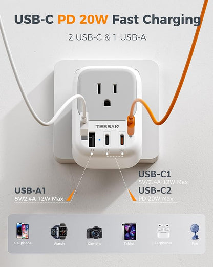 TESSAN South Africa Plug Adapters, Type M Adapter for South Africa with 4 Outlets 3 USB (2 USB-C), Travel Power Adaptor for US to Namibia Botswana Nepal Mozambique Sri Lanka Eswatini Lesotho, 2 Pack