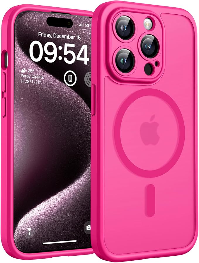 TOCOL for Phone 15 Pro Case, Compatible with Magsafe Charger, Full Camera Protection, Drop Protection, Translucent Matte Phone Case for iPhone 15 Pro 6.1 inch (Hot Pink)