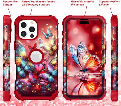 Hocase for iPhone 16 Pro Max Case, Heavy Duty Shockproof Protection Soft Silicone Rubber+Hard Plastic Bumpers Hybrid Protective Case for iPhone 16 Pro Max 2024 - Shimmering Butterflies in Red