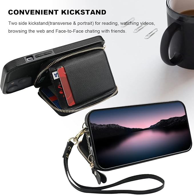 Bocasal RFID Blocking Wallet Case for iPhone 14 Plus, Adjustable Crossbody Zipper Purse Case Card Holder with Kickstand Detachable Wrist Strap, PU Leather Flip Folio Case 6.7 Inch 5G (Black)