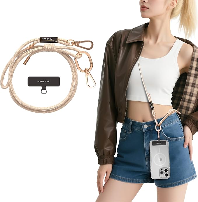 MAGEASY Universal Cell Phone Lanyard - Anti-Theft Rope Crossbody Phone Strap for iPhone 17 Pro Max & Most Smartphones, for Men & Women | 6mm Rose