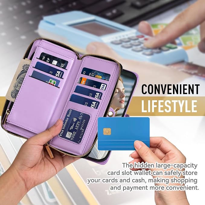 Rssviss Crossbody Case for iPhone 17 Case Wallet, RFID Blocking Leather with Card Holder Kickstand, Handbag Zipper Flip Cover with Wrist Strap for iPhone 17 Men Women 6.3", Purple
