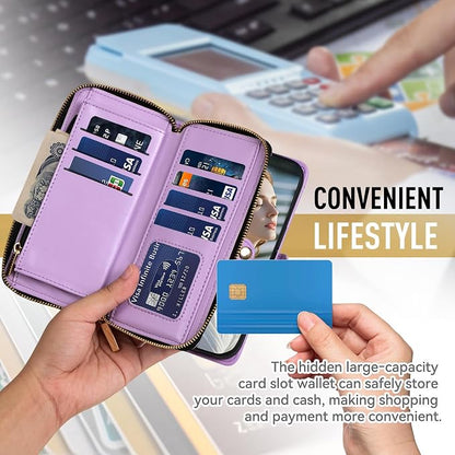 Rssviss Crossbody Case for iPhone 17 Pro Case Wallet, RFID Blocking Leather with Card Holder Kickstand, Handbag Zipper Flip Cover with Wrist Strap for iPhone 17 Pro Men Women 6.3", Purple