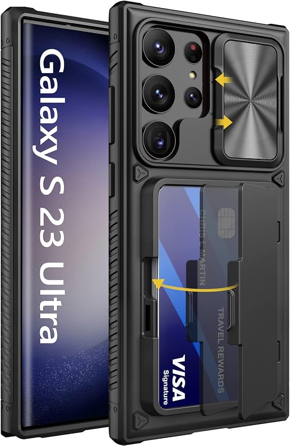 Vihibii for Samsung Galaxy S23 Ultra Case with Card Holder (4 Cards) & Sliding Camera Cover & Kickstand, Shockproof Rugged Hard Back & TPU Edge Wallet Cover for Galaxy S23 Ultra 5G 6.8" 2023, Black