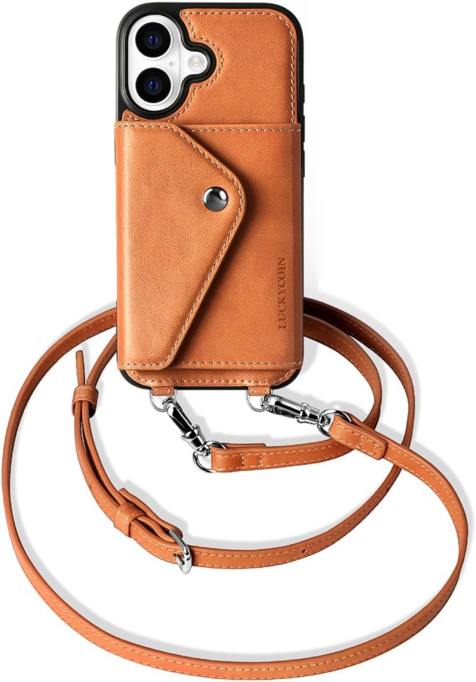 LUCKYCOIN for iPhone 17 Crossbody Wallet Case – Genuine Leather Phone Purse with Adjustable Strap and Card Holder,Lanyard Phone Purse Case for Women,Vintage Brown