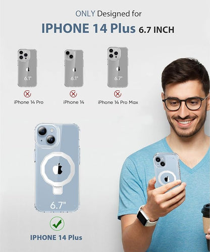 for iPhone 14 Plus Case, with Screen Protector + Camera Lens Protector, Built-in Seamless Stand, [Compatible with MagSafe] Protective Shockproof Phone Case, Cover for iPhone 14Plus - Clear