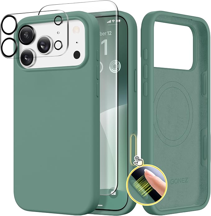 GONEZ Magnetic for iPhone 17 Pro Max Case, Compatible with MagSafe, [Screen Protector + Camera Lens Protector], Liquid Silicone Anti-Scratch Shockproof Protective Phone Case 6.9 inch, Midnight Green