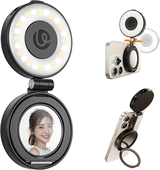 ULANZI LM23 Magnetic Selfie Light, Upgraded 360° Phone Selfie Ring Light for iPhone Magsafe, LED Phone Beauty Fill Lights with Mirror for Selfies/Video Calls/Conference/Vlogging/Photography - Black