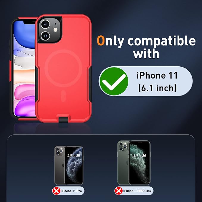 Xmon iPhone 11 Magnetic Case [MIL-Grade Drop Tested & Compatible with MagSafe] Tempered Glass Screen Protector with Camera Lens Protector Phone Case Cover for Apple iPhone 11 (Magnetic Red)