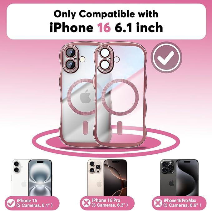 Misscase for iPhone 16 Case with Privacy Screen Protector,Compatible with MagSafe,Cute Wave Frame Anti-Scratch Case with Camera Lens Protector Plating Bling Case for iPhone 16 6.1" Women Pink