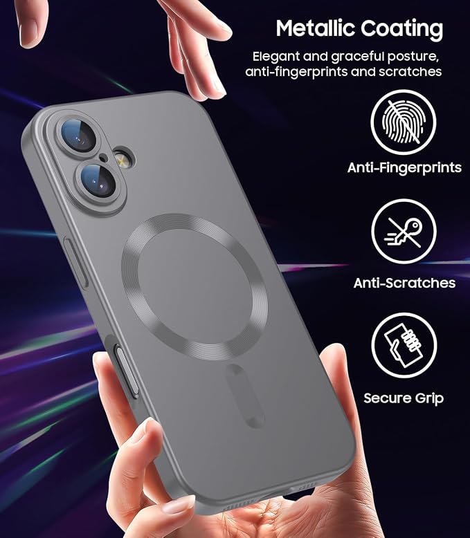 Magnetic for iPhone 17 Case [Compatible with MagSafe][Built-in Camera Lens Protector] Slim Thin Soft Silicone Bumper Shockproof Metallic Luster Phone Case (Gray)