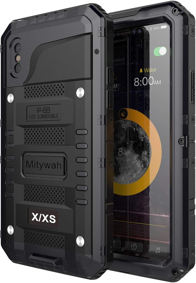 Mitywah Waterproof Case for iPhone X/XS, Heavy Duty Durable Metal Full Body Protective Case Built-in Screen Protection Waterproof Shockproof Dustproof Rugged Military Grade Defender, Black