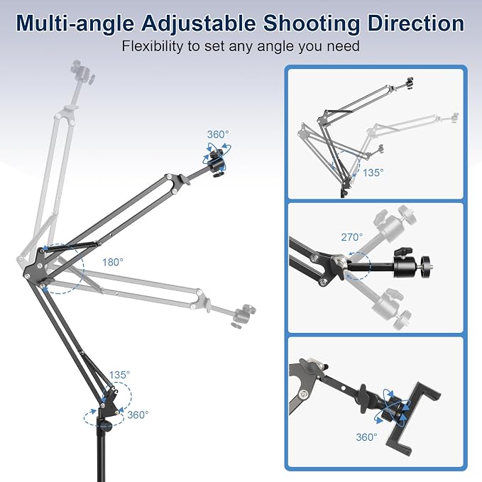 Overhead Camera Mount,Camera Desk Mount with 360° Adjustable Arm and Phone Holder,Max Load-Bearing 5lb,Desk Clamp Stand for Content Creation and Live Streaming,DSLR,Webcam,Mic,Ring Light