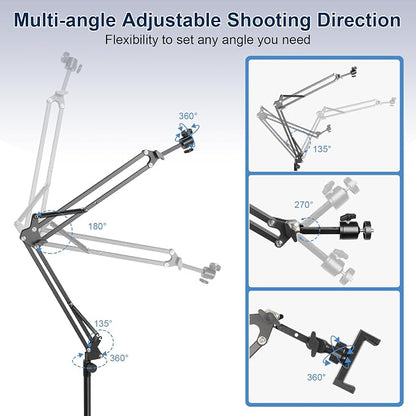 Overhead Camera Mount,Camera Desk Mount with 360° Adjustable Arm and Phone Holder,Max Load-Bearing 5lb,Desk Clamp Stand for Content Creation and Live Streaming,DSLR,Webcam,Mic,Ring Light