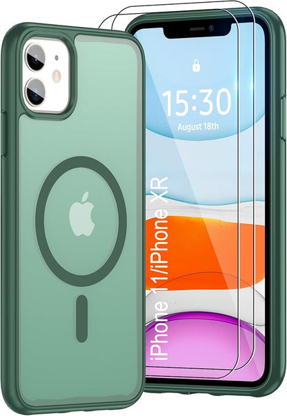 Pilaru for iPhone 11 Case & iPhone XR Case [Compatible with Magsafe] Translucent Matte Magnetic Case with Screen Protector,SlimThin Shockproof Protective Cover for iPhone 11 & iPhone XR-Dark Green