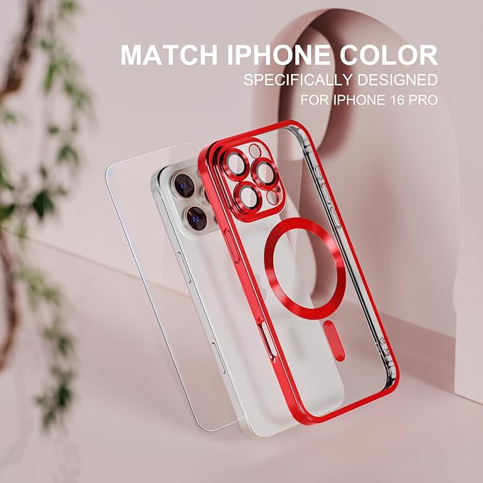 Misea Magnetic for iPhone 16 Pro Case Compatible with MagSafe [Never Yellowing] [Military Grade Drop Protection] Full Camera Lens Protector Plating Soft Clear Phone Case for Women 6.3", Red