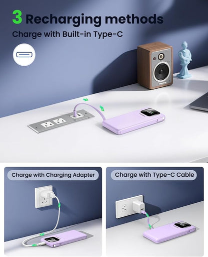 Portable Charger with Built-in Cables,22.5W Super Fast Charging Power Bank Slim Phone Charger,10000mAh Travel Battery Pack Battery Bank with Smart LED Display for iPhone, Android & USB-C (Purple)
