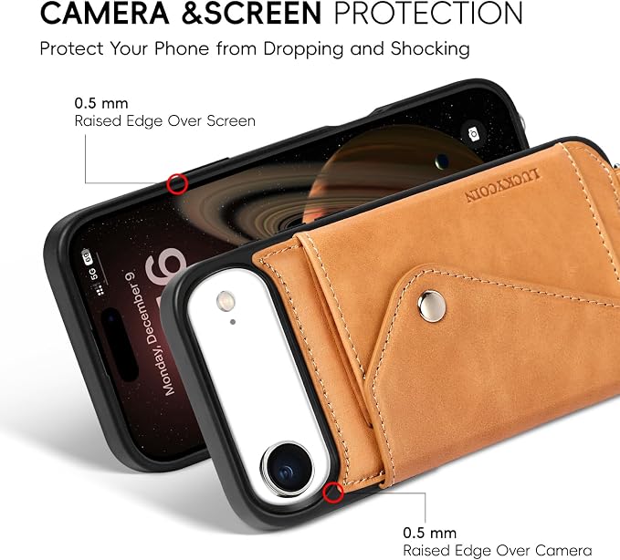 LUCKYCOIN for iPhone Air Crossbody Wallet Case – Genuine Leather Phone Purse with Adjustable Strap and Card Holder,Lanyard Phone Purse Case for Women,Vintage Tan
