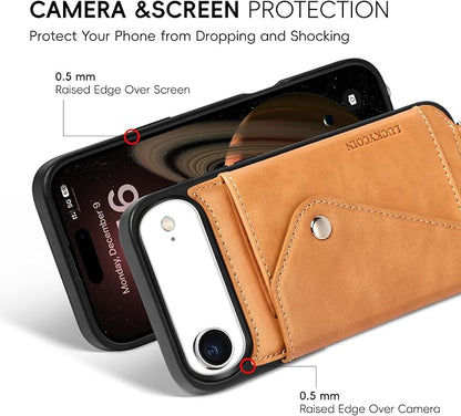 LUCKYCOIN for iPhone Air Crossbody Wallet Case – Genuine Leather Phone Purse with Adjustable Strap and Card Holder,Lanyard Phone Purse Case for Women,Vintage Tan