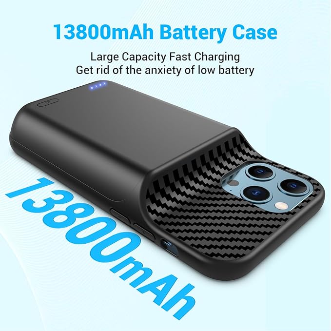 Battery Case for iPhone 12, 12 Pro (6.1 inch), Upgrade 13800mah Portable Slim Battery Charging Case, Rechargeable Charger External Charging Case with Tempered Glass Screen Protector Black